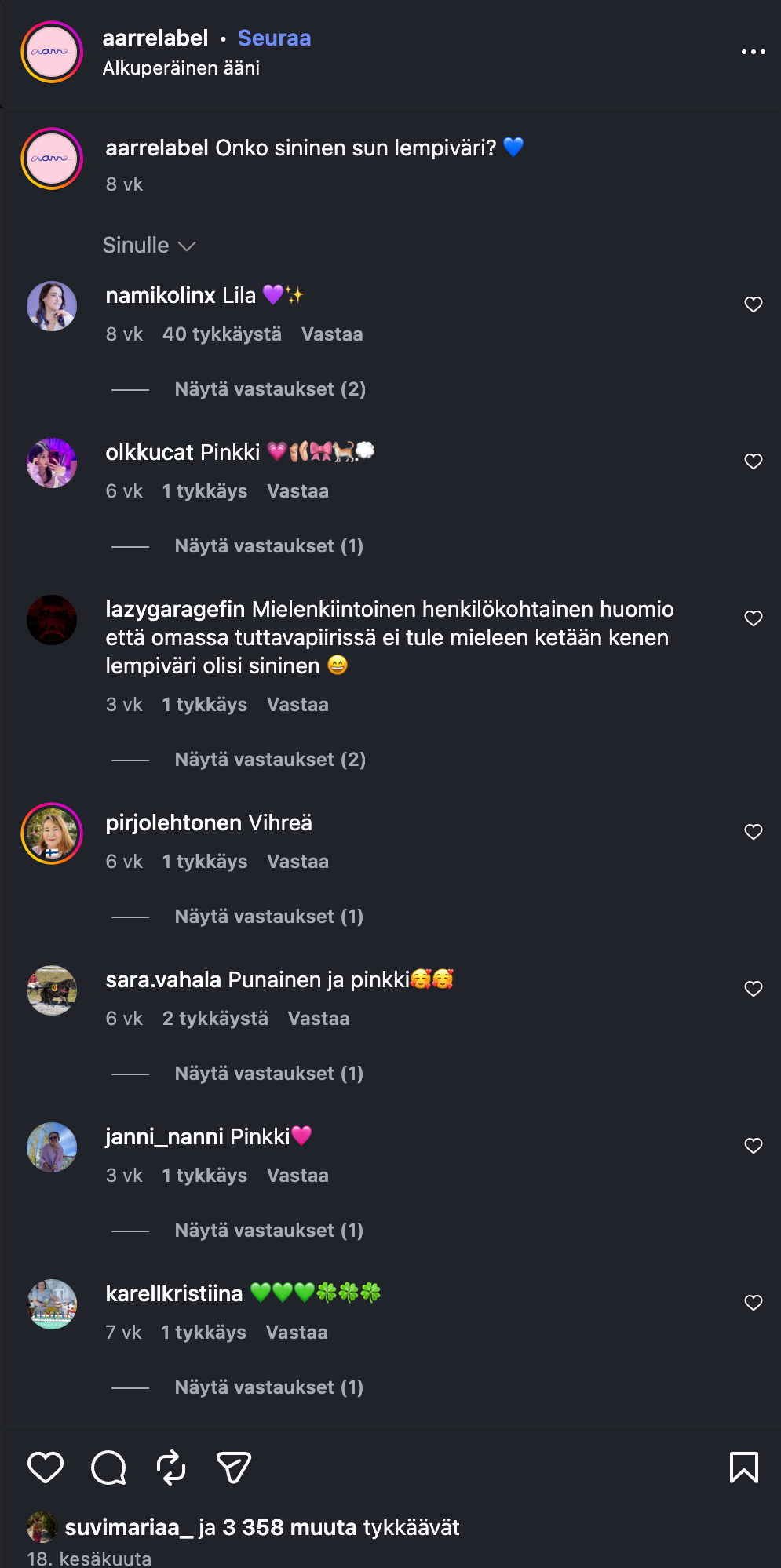 Aarrelabel – kommentteja Instagramissa (1)